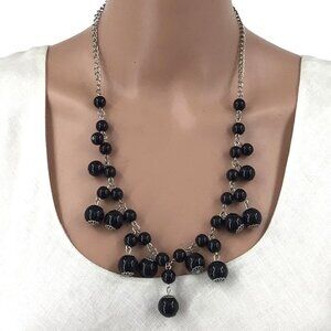 Beaded Fringe Necklace Adjustable Length Silver Tone Black Beads